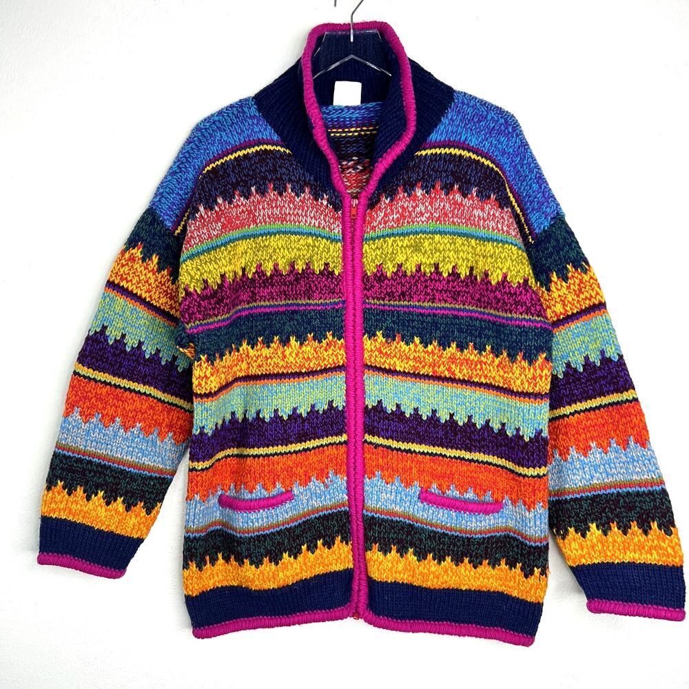 Vintage Coraza Crafts 100% Wool Knit Zip Up Cardigan Jacket Multicolor Rainbow